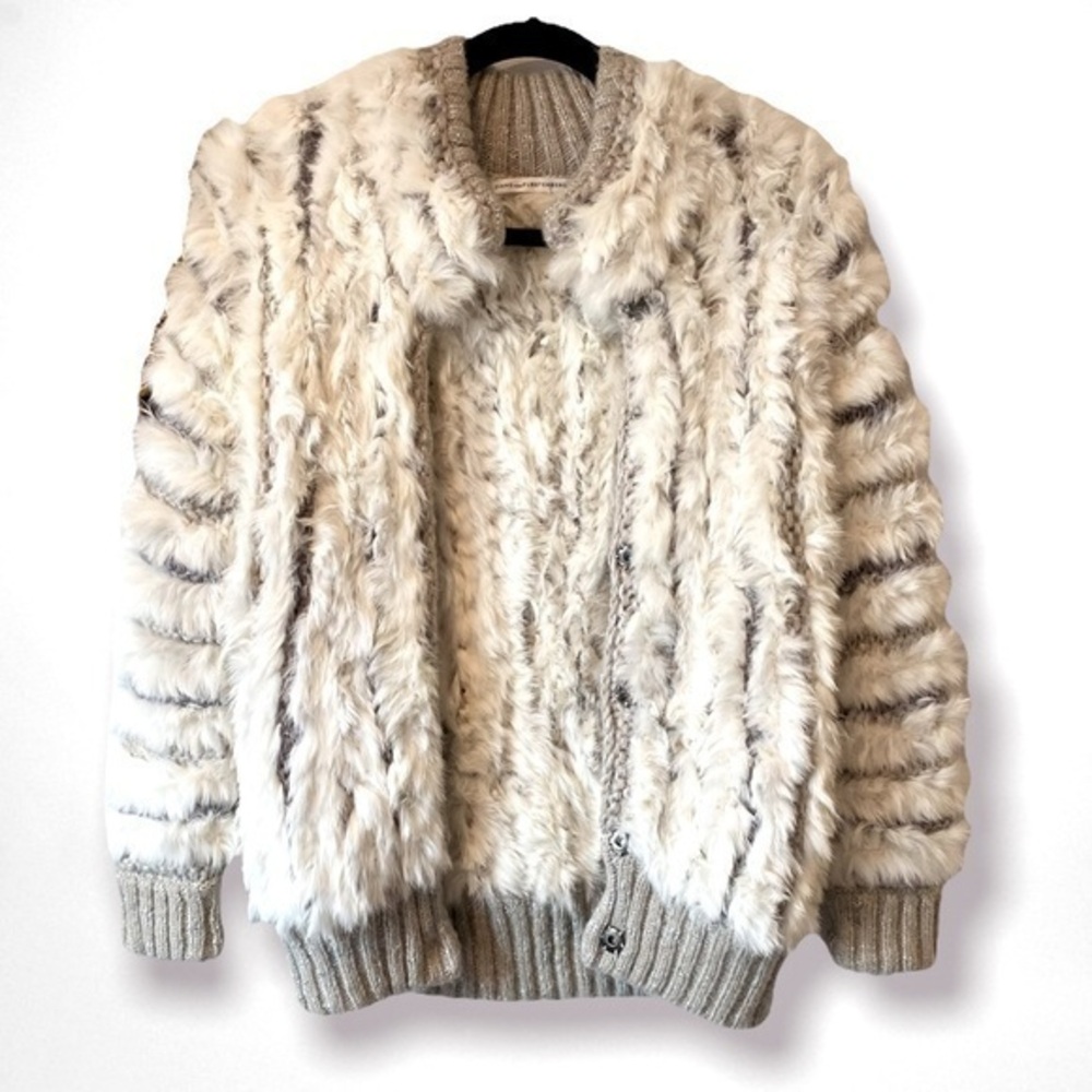Diane von Furstenberg DVF Wool Rabbit Fur Striped Snap Front Jacket Grey White